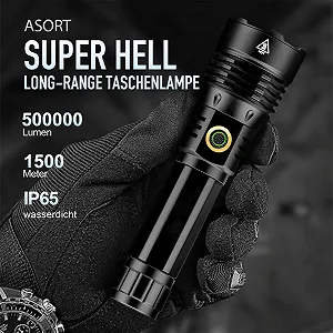 LED Ліхтар ASORT Надзвичайно яскравий 500 000 люмен, Супер яскравий Zoomable USB Перезаряджуваний Тактичний з 6 режимами освітлення, IP67 Водонепроникний з кобурою для кемпінгу, походів, активного відпочинку, надзвичайних ситуацій synthetic.ua - Фото 1