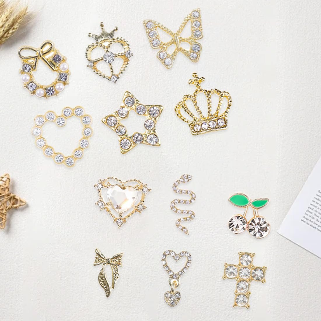 Y2K зі сплаву, набір 24 шт, серія Rhinestone, Прикраса для нігтів Серце, метелик, хрест, змія, золотий колір, фото №5