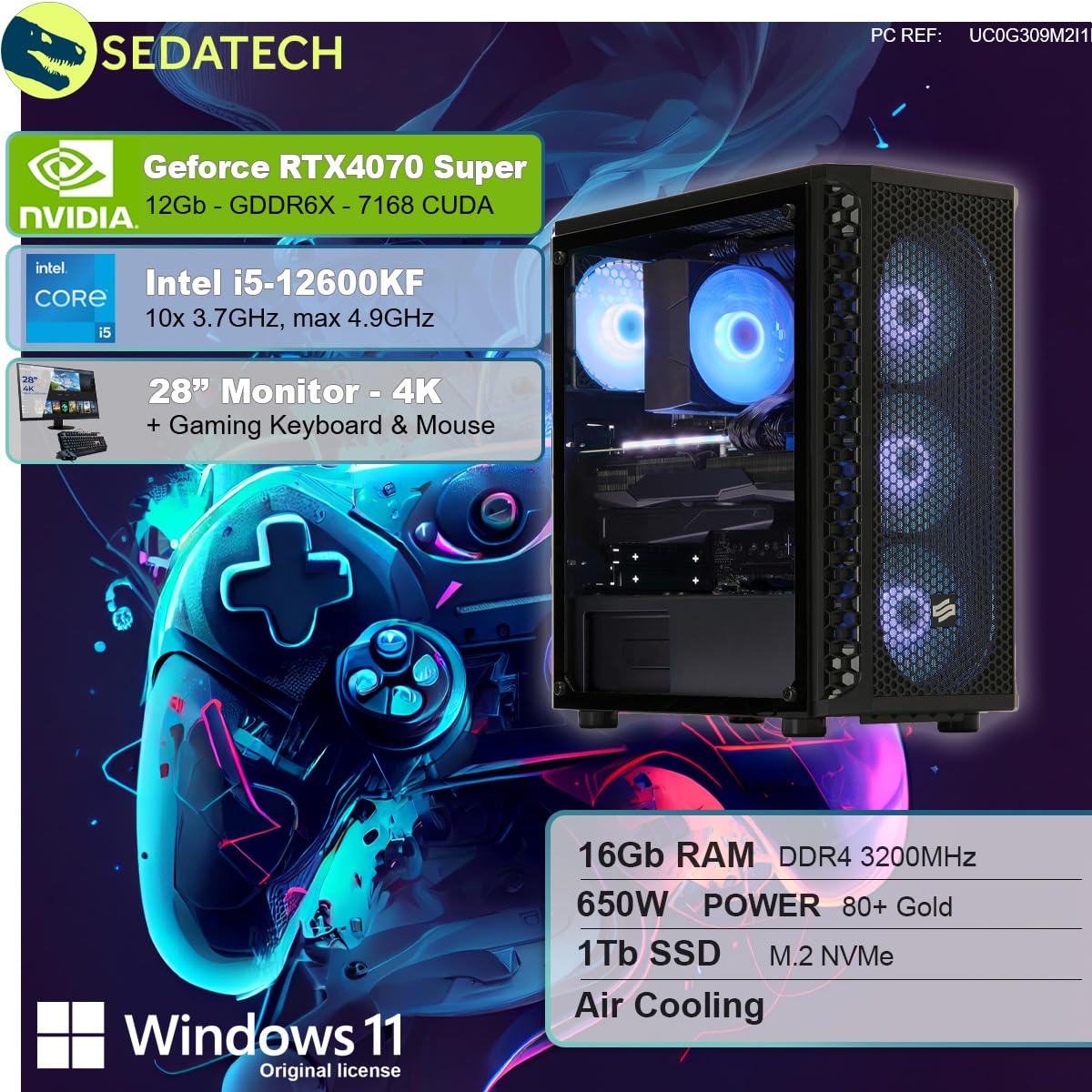 Комп'ютер Sedatech Advanced Gaming Intel i5-12600KF RTX4070 Super 16GB RAM 1TB SSD M.2 Windows 11 Монітор 28 Дюймів, фото №2