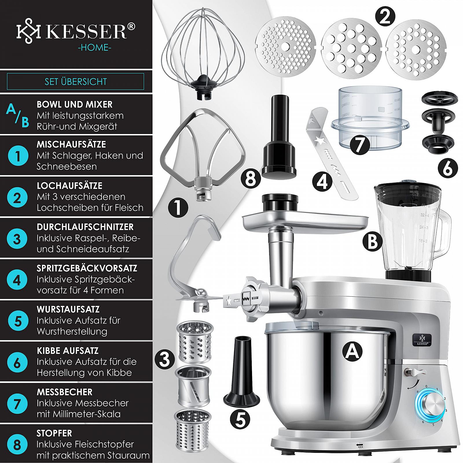 Кухонний комбайн KESSER 3-в-1 Універсальний K-KM 3000 з М'ясорубкою Тістомісильна машина Багатофункціональна мішалка 5.5 л Чаша з 3 змішувачами, 1.5 л Соковижималка, Набір для ковбаси, Форми для пасти та печива, фото №2 Кухонний комбайн KESSER 3-в-1 Універсальний K-KM 3000 з М'ясорубкою Тістомісильна машина Багатофункціональна мішалка 5.5 л Чаша з 3 змішувачами, 1.5 л Соковижималка, Набір для ковбаси, Форми для пасти та печива, фото №2