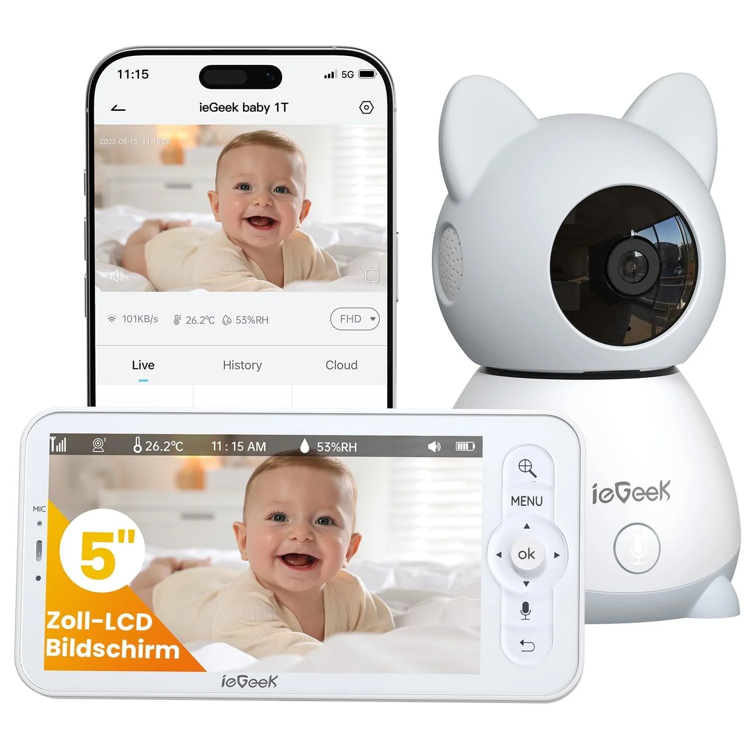 Відеоняня ieGeek 2K 5 дюймів WiFi Night Vision Intercom PTZ App, фото №1