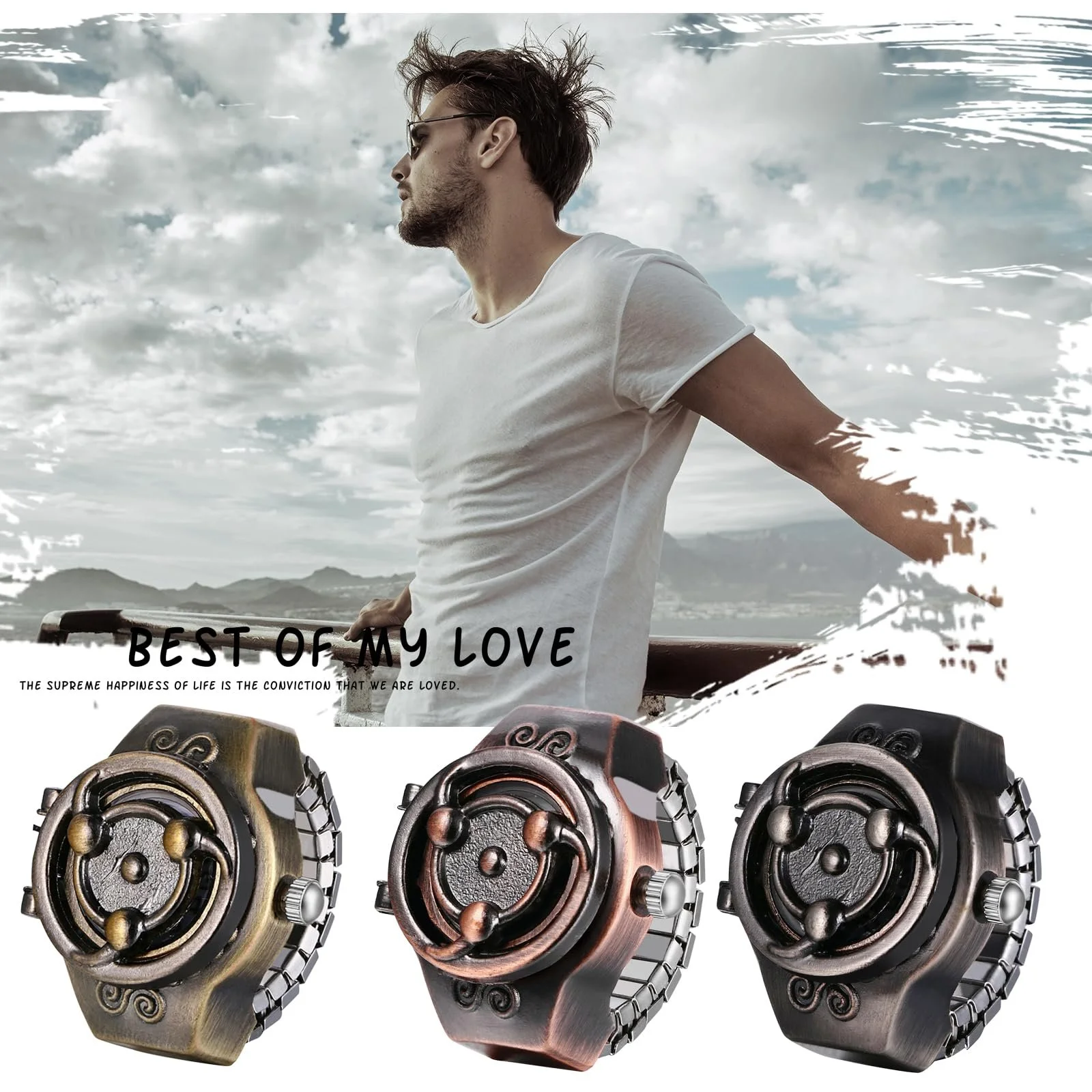 Кільце-годинник чоловічий JewelryWe Кварцовий аналоговий годинник-кільце з еластичним черепом, фото №6