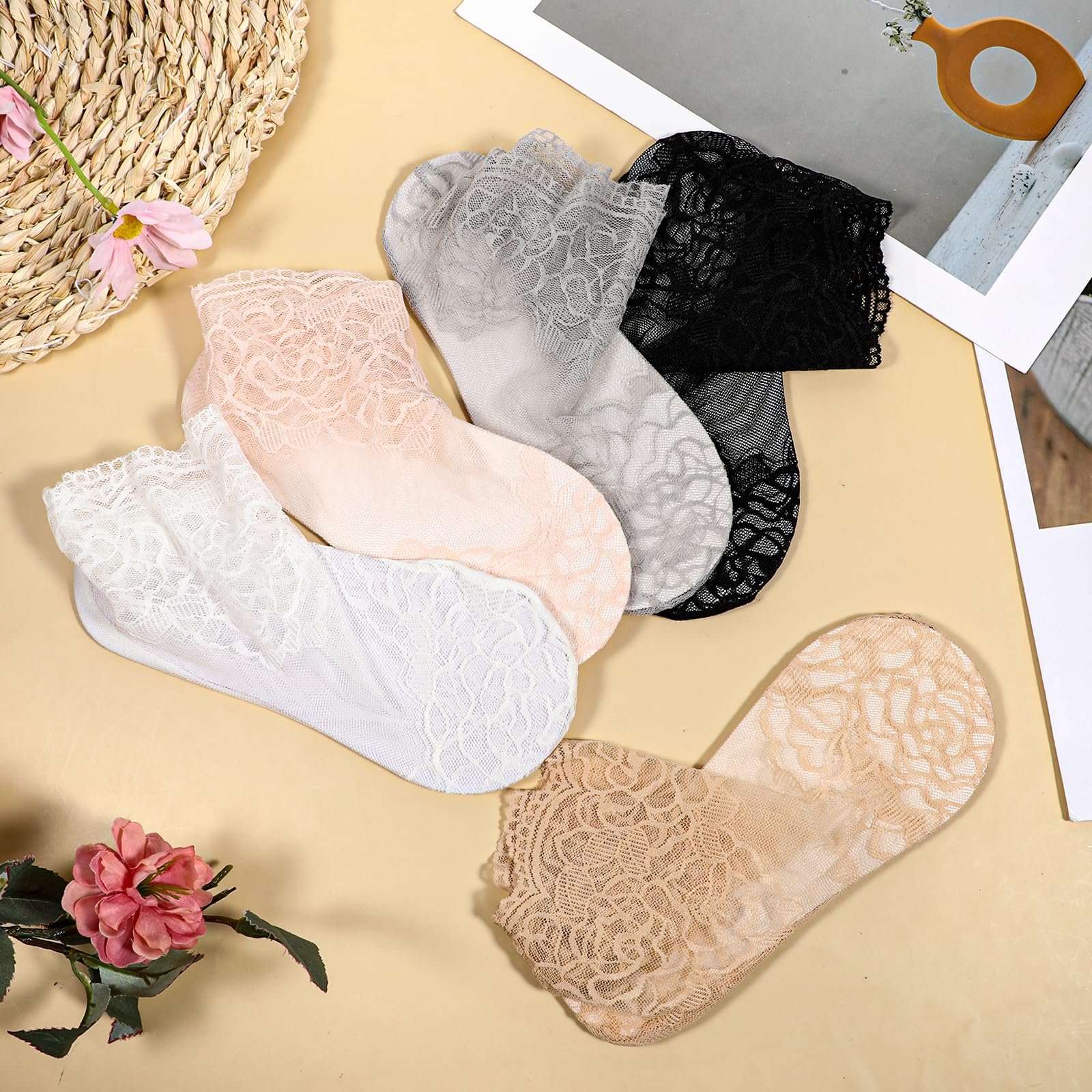 Носки Teaaha Женские, 5 пар коротких носков с кружевами и оборками, летние дышащие, белый/серый/розовый/черный/телесный цвет, один размер 30-40, фото №7