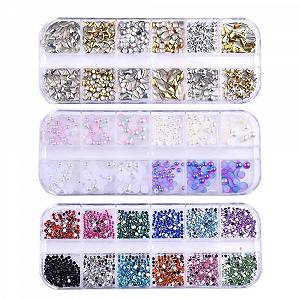 Стрази для нігтів 3D 3 коробки, заклепки металеві, перли штучні - Фото 1