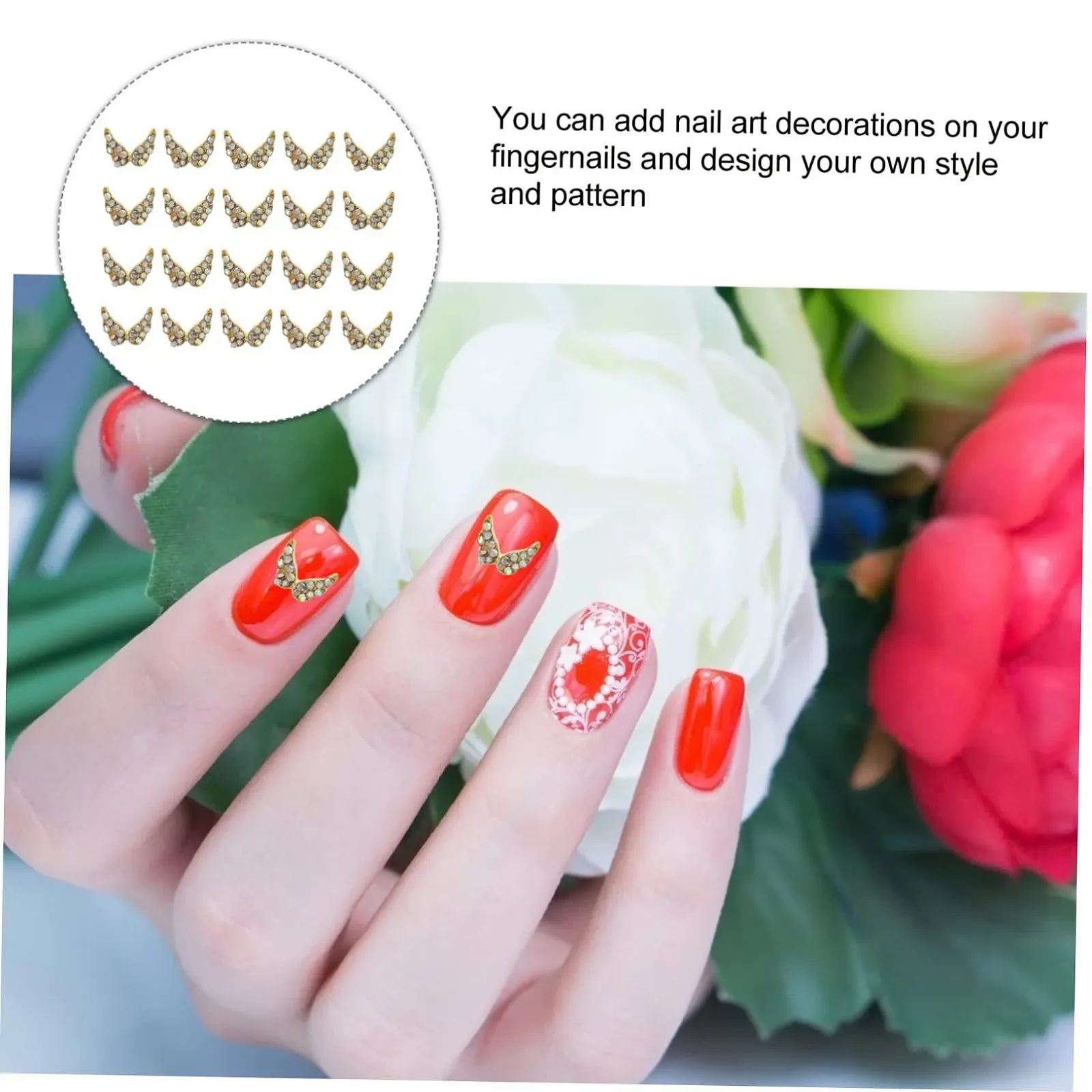 Стразы для ногтей Сердце, 20 шт., украшения для маникюра, наклейки на ногти в форме сердца, блестки для ногтей крылья, стразы для ногтей с плоским основанием, разноцветные сплавы, фото №6