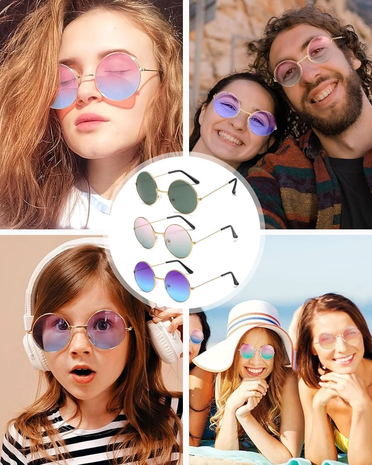 Сонцезахисні Окуляри Круглі KGDUYC Festival, Ретро, Стиль 60-х, Різнокольорові, 3 штуки, фото №2