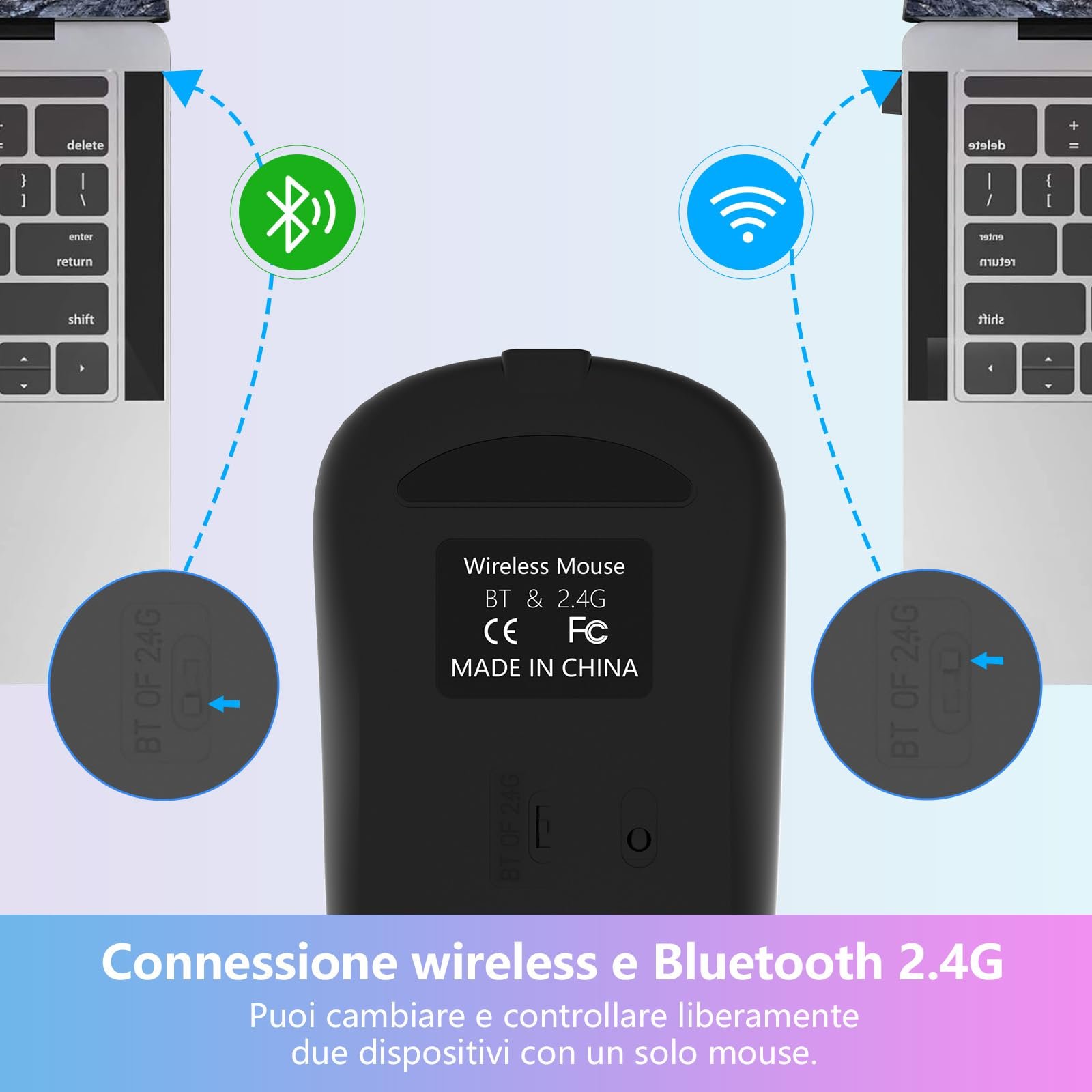 Мышь KBCASE Беспроводная 2.4 GHz USB, Bluetooth 1600 DPI, оптическое отслеживание, перезаряжаемая, игровая, 7 цветов LED подсветки, фото №4
