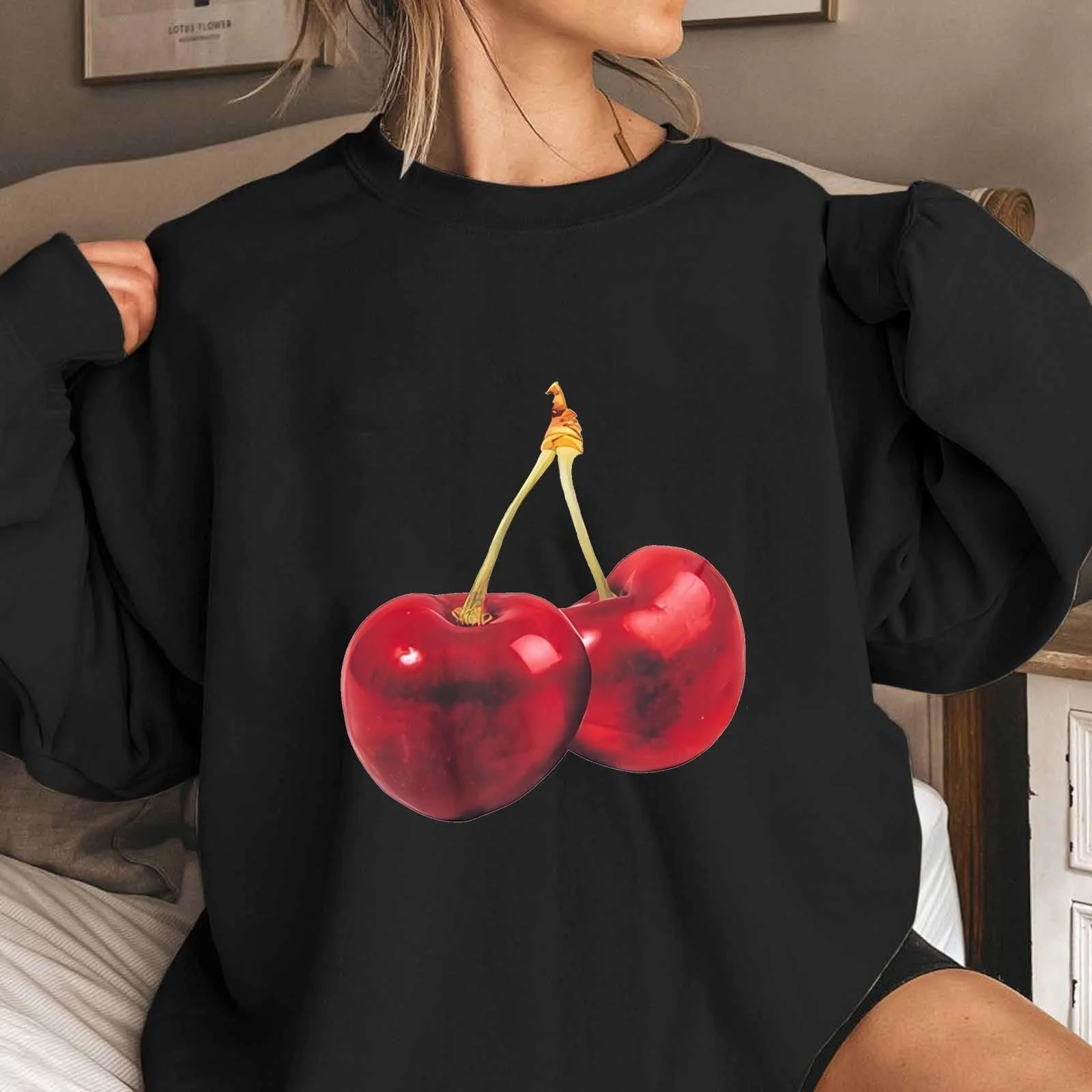 Пуловер Komiseup Oversized Y2K Лонгслив Базовый Круглый вырез Толстовка без капюшона Элегантный Однотонный Лонгшерт Модный Принт вишни Рубашка Хлопок Спортивная рубашка Подросток Девочки Уличная одежда 09, фото №2