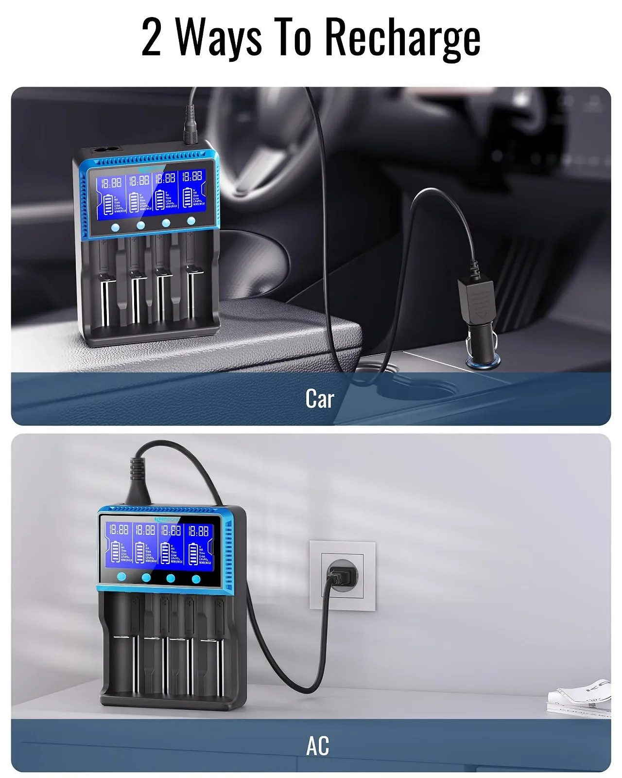 Універсальний зарядний пристрій для акумуляторів 18650 з 4 слотами LCD Smart Fast Charging для NI-MH NI-CD AA AAA Li-Ion LiFePO4 IMR 10440 14500 16340 18650 RCR123 26650, фото №5