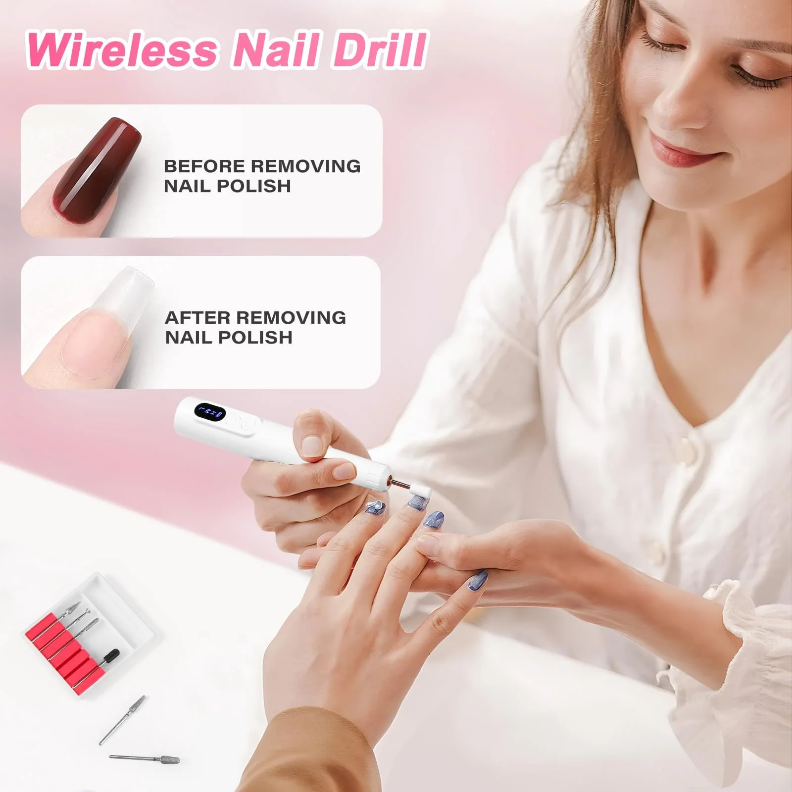 Машинка для нігтів Brencco Professional Wireless, 12-в-1 для гелевих нігтів 18000 об/хв, 8 тримачів для свердлильних головок, подвійна зарядка Type-C, фото №7