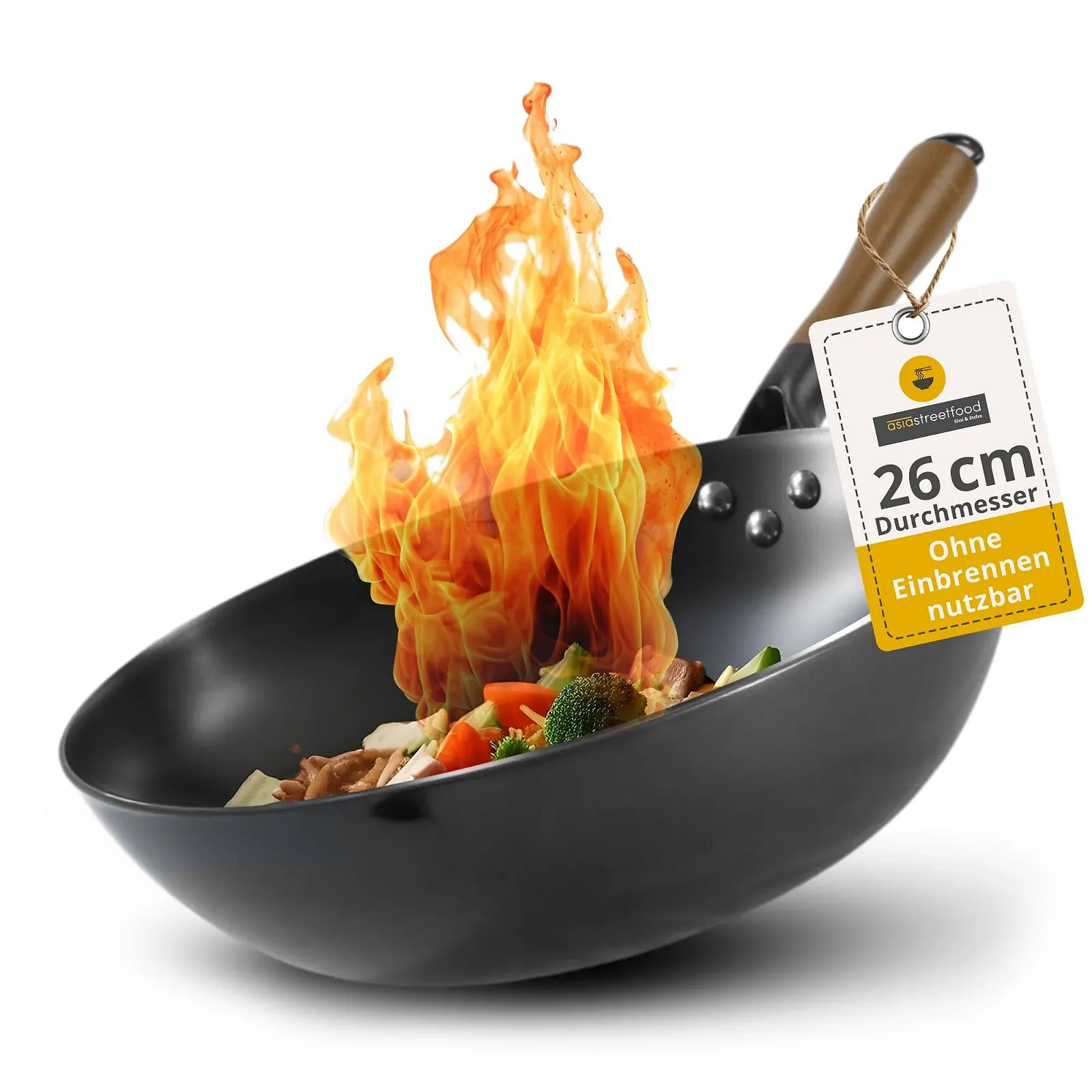 Сковорода-Вок asiastreetfood The Perfect диаметр 26 см, прочная углеродистая сталь, с плоским основанием, деревянной ручкой, подходит для газовых., фото №1 Сковорода-Вок asiastreetfood The Perfect диаметр 26 см, прочная углеродистая сталь, с плоским основанием, деревянной ручкой, подходит для газовых., фото №1