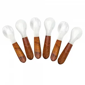 Ложка для икры DUEBEL Набор 6 штук с деревянной ручкой, 4" Перламутровая ложка для подачи икры, Подачи яиц, Кейтеринга - Фото 1