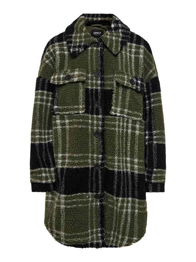 Пальто ONLY NEWCAMILLA TEDDY SHACKET AOP CC OTW 15228399 Kalamata Checks Хаки M, фото №3