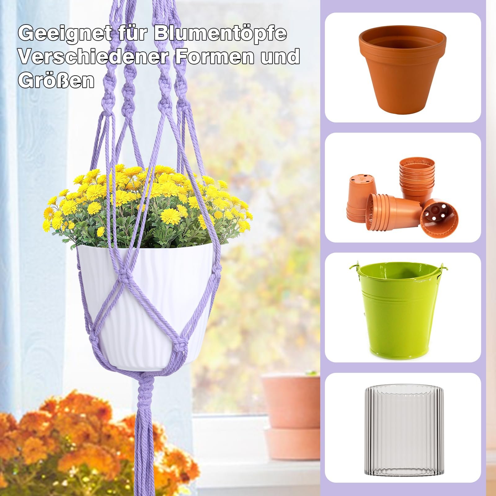 Підвісні кошики макраме XXXFLOWER Бавовняна мотузка Фіолетовий 3 шт., фото №6 Підвісні кошики макраме XXXFLOWER Бавовняна мотузка Фіолетовий 3 шт., фото №6