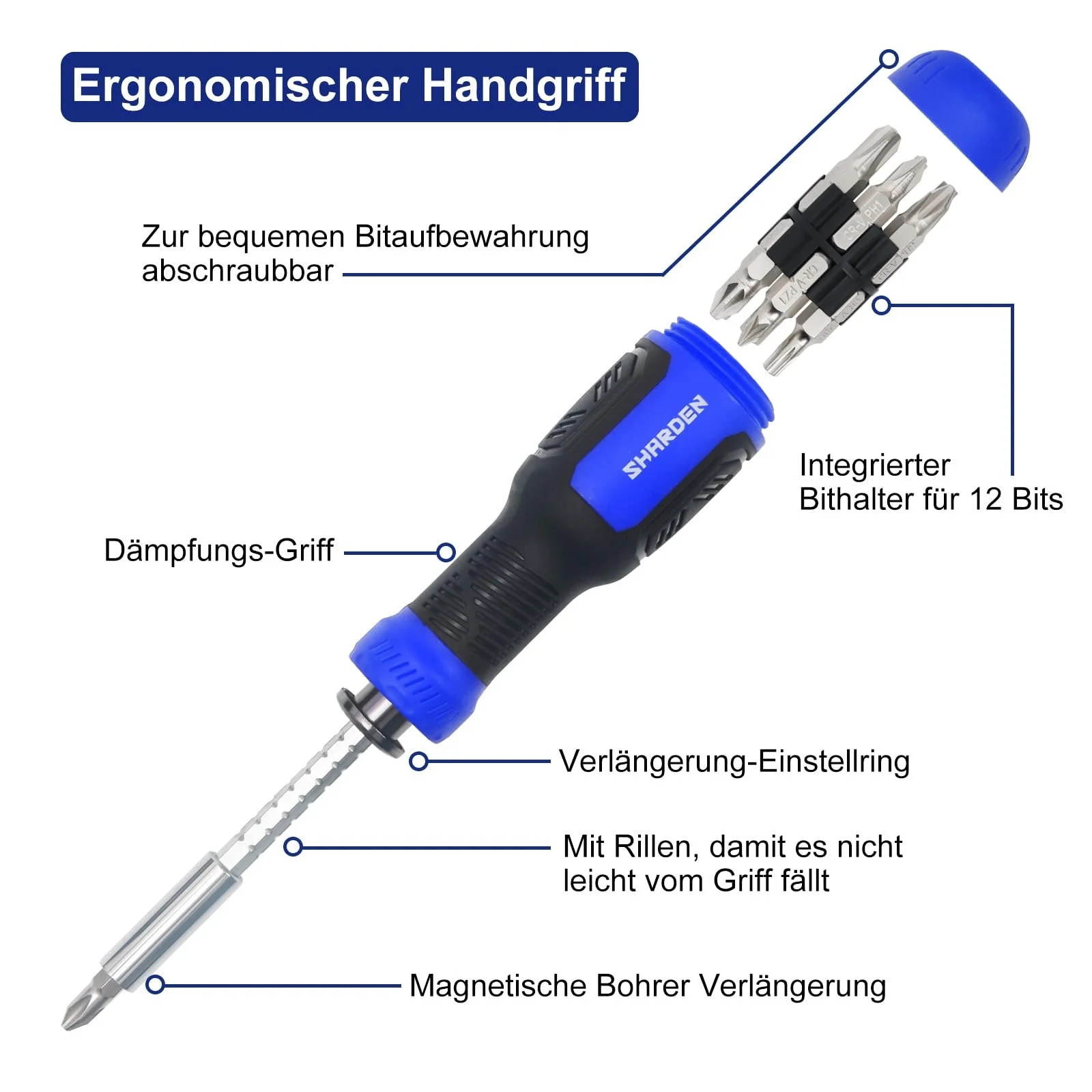 Викрутка-мультитул SHARDEN 13-в-1 магнітна з набором біт, фото №2