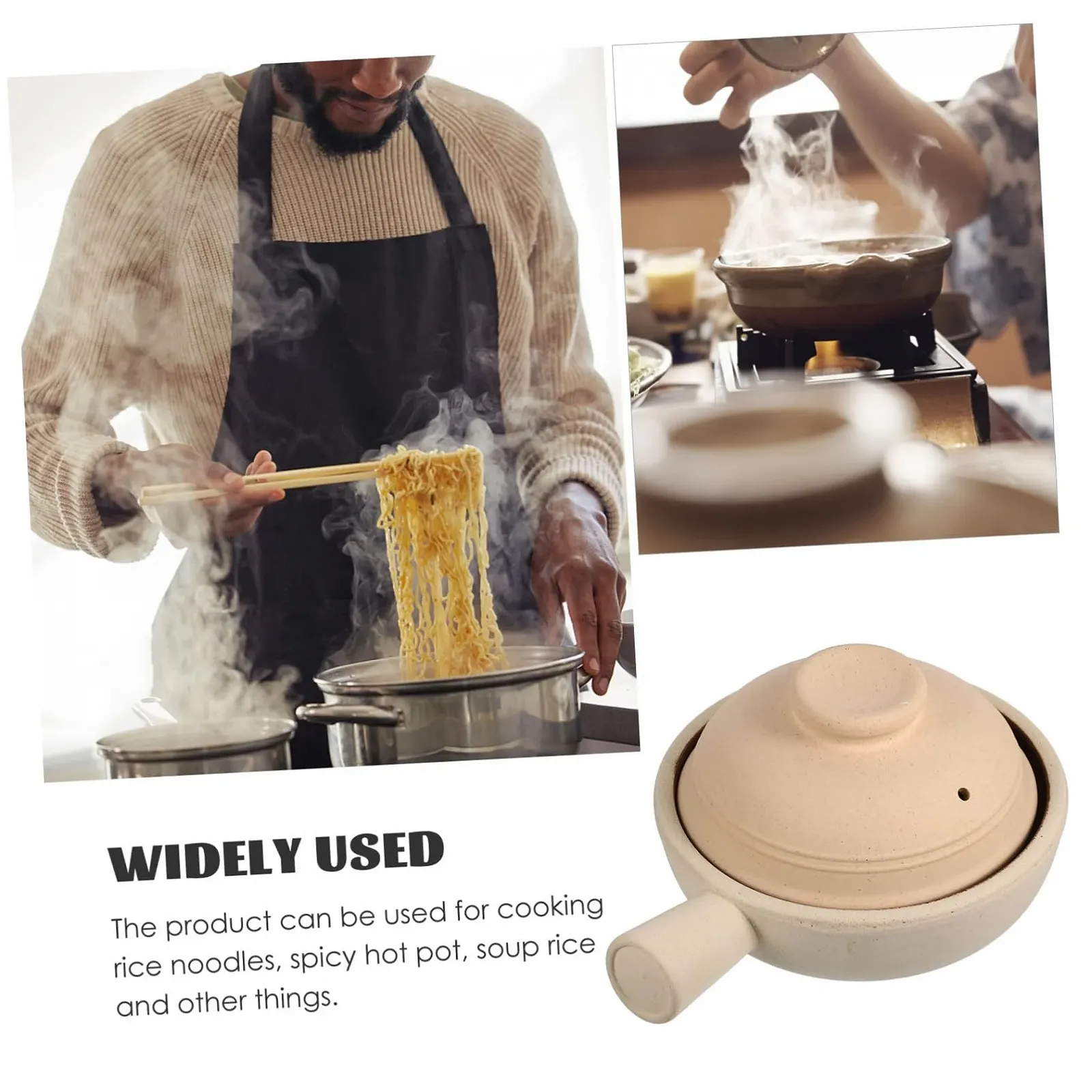 Кастрюля SOLUSTRE из грубой глины с крышкой и одной ручкой термостойкая, фото №7