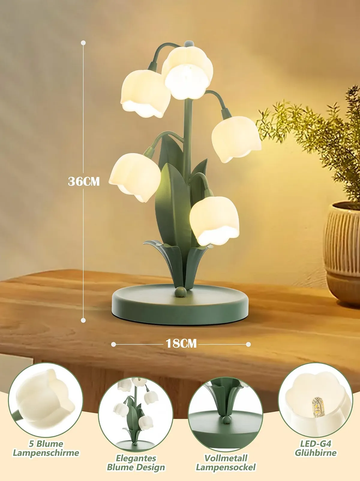 Настільна лампа Flower 5 лілій вінтажна зелена 3 режими кольору LED приліжкова для читання, фото №3