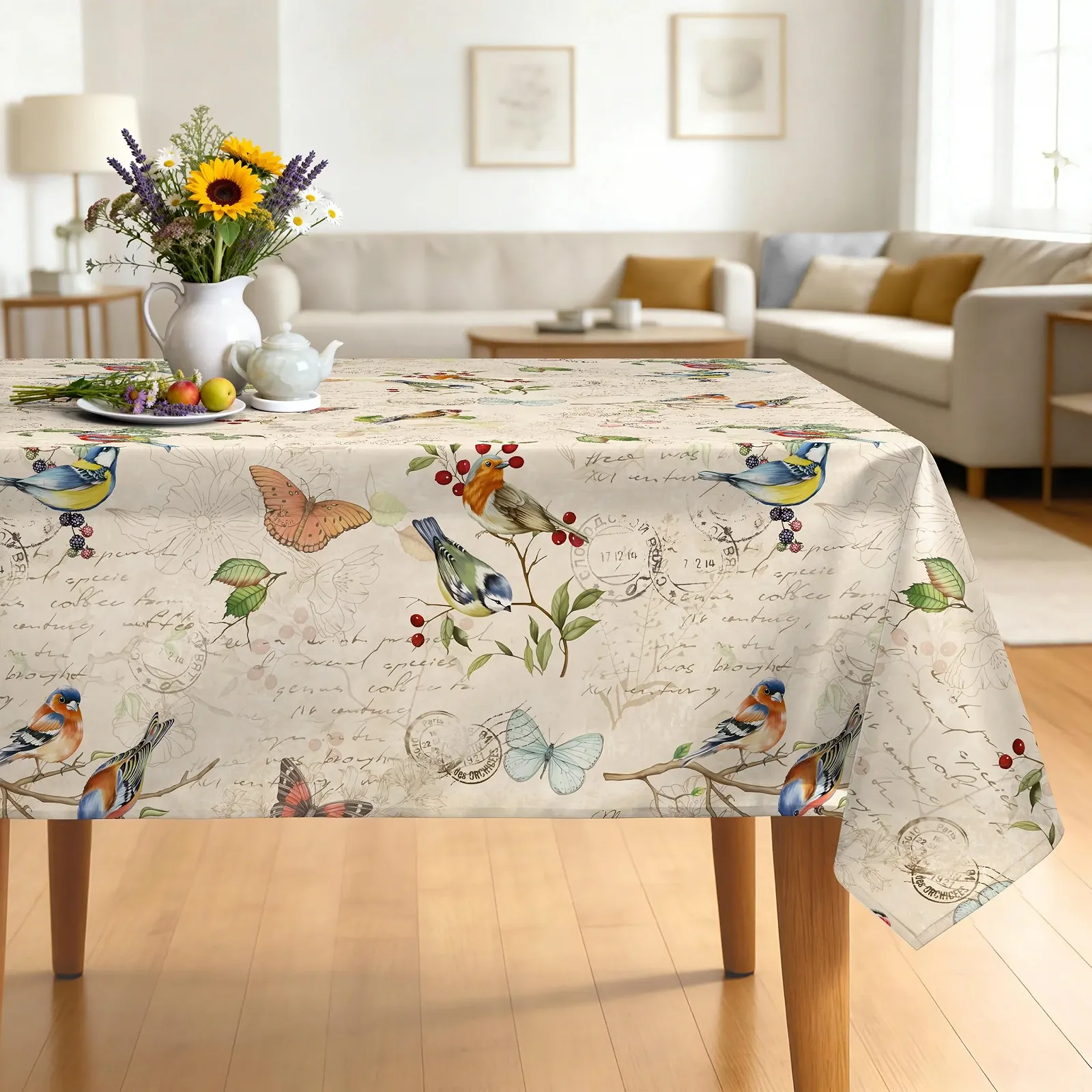 Скатертина Arquiel Country House Vintage Bird прямокутна водовідштовхувальна 152 x 213 cm, фото №1