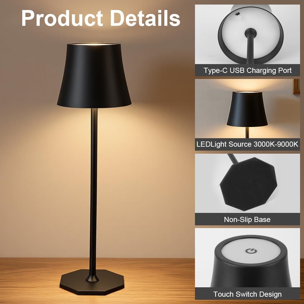Настільна лампа LED бездротова акумуляторна, сенсорна, димована, для приміщень та вулиці, чорна, фото №4