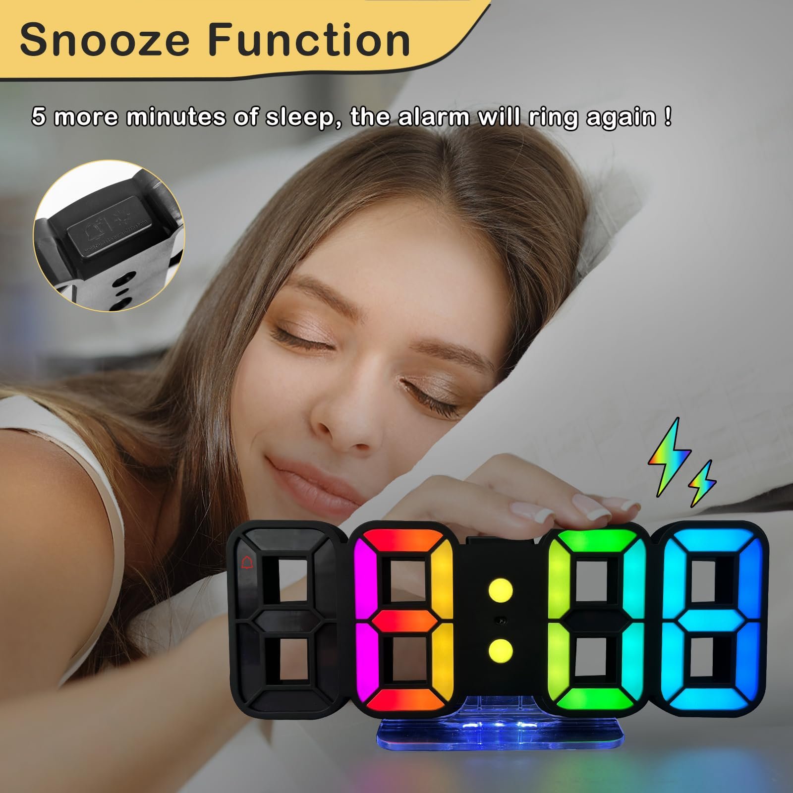 3D LED Цифровий Будильник Seutgjie, Настільний/Настінний Годинник, 14 RGB Зміни Кольорів, фото №7