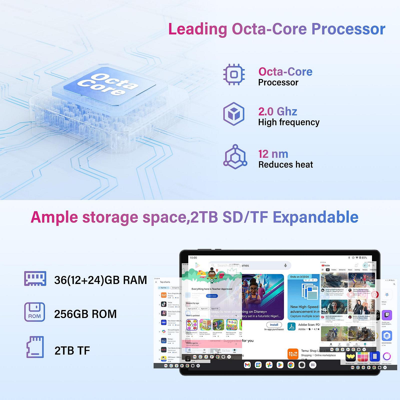Планшет 10.4" 2K RUSHAR P107 12+24/256Gb 4G 2-SIM 8 ядер Android 14 8000 mAh Сірий, фото №3