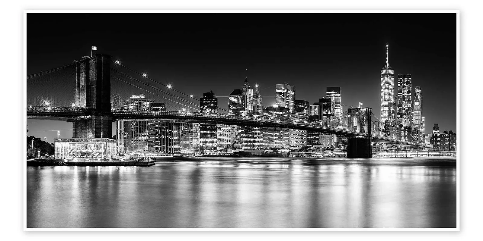 Постер Sascha Kilmer New York City Skyline at Night Brooklyn Bridge I 100 x 50 см Black and White, фото №1
