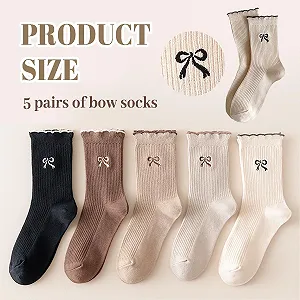 Женские носки с рюшами, милые носки до середины икры с вышивкой бантиком, дышащая хлопковая смесь, набор из 5 штук, разноцветные synthetic.ua - Фото 1