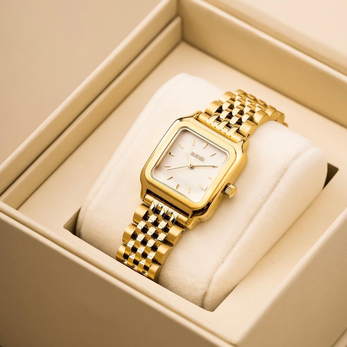 Женские часы BURKER Macy Квадратные Женские часы Браслет со звеньями Нержавеющая сталь Аналоговые Кварцевые 3 ATM Водонепроницаемые Золотой Белый, фото №5