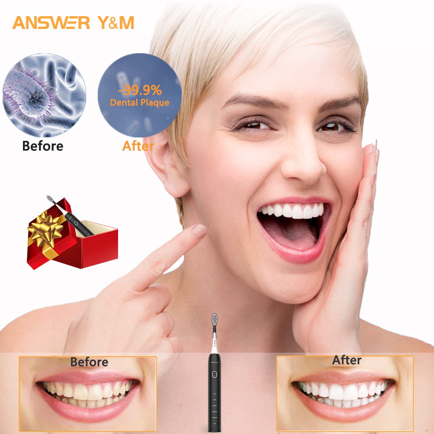 Електрична ультразвукова зубна щітка 39000 VPN Низький рівень шуму Акумулятор на 50 днів Чорна, фото №2