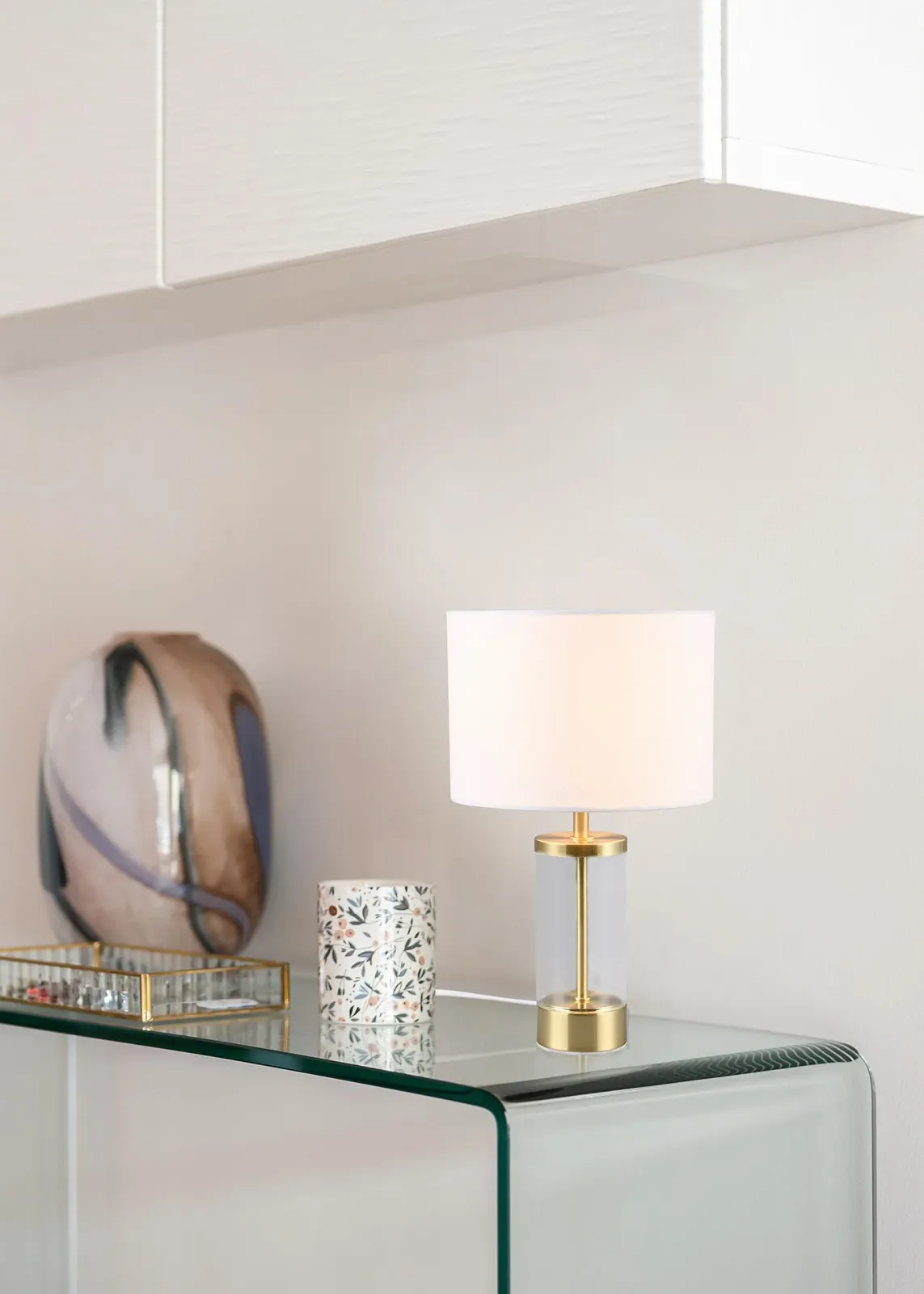 Настільна лампа Reality Leuchten Grazia R51711008 метал матова латунь прозоре скло білий тканинний абажур без 1x E14, фото №5