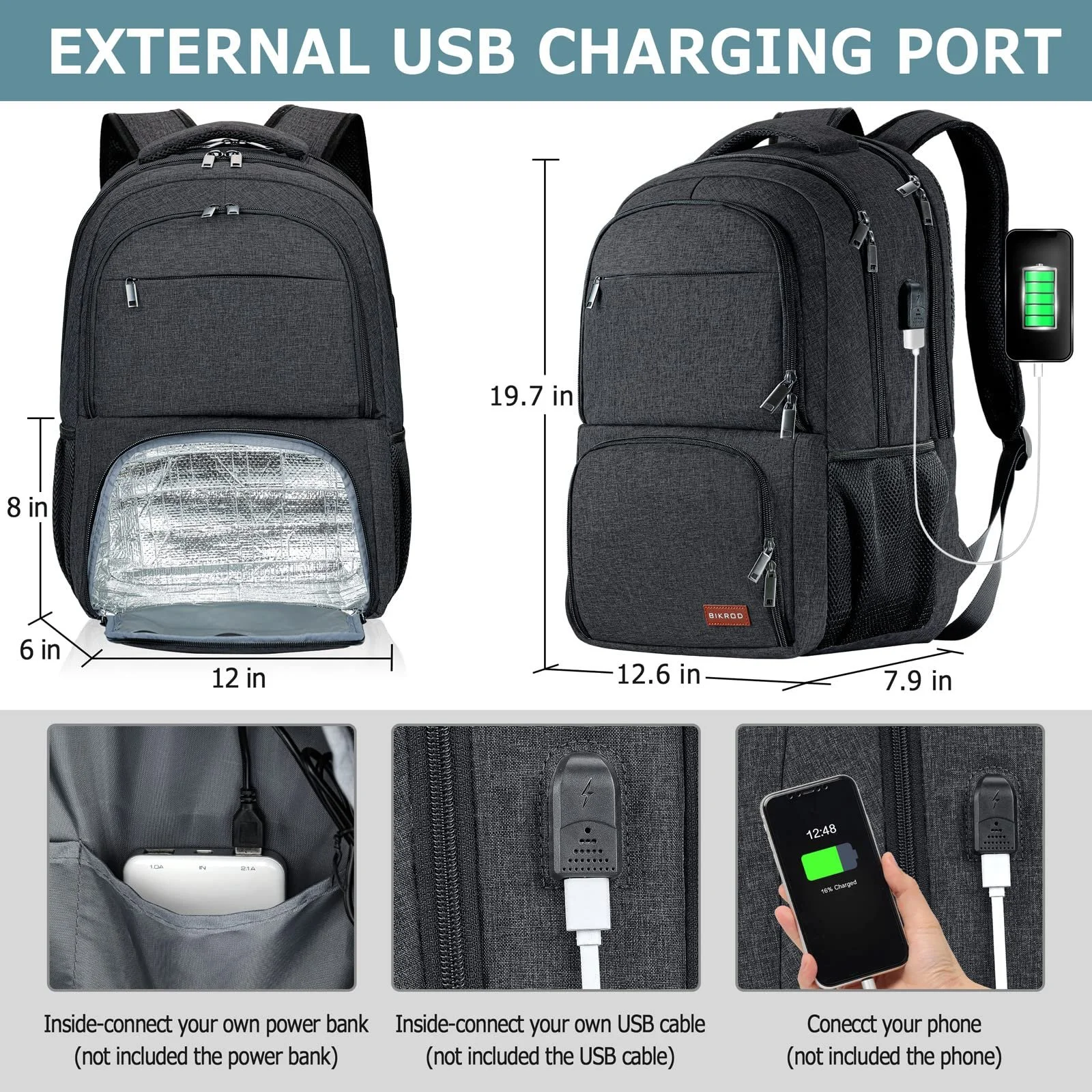Рюкзак для ноутбука BIKROD Large Lunch 17.3 дюйма с USB и термоотделением Черный, фото №3 Рюкзак для ноутбука BIKROD Large Lunch 17.3 дюйма с USB и термоотделением Черный, фото №3