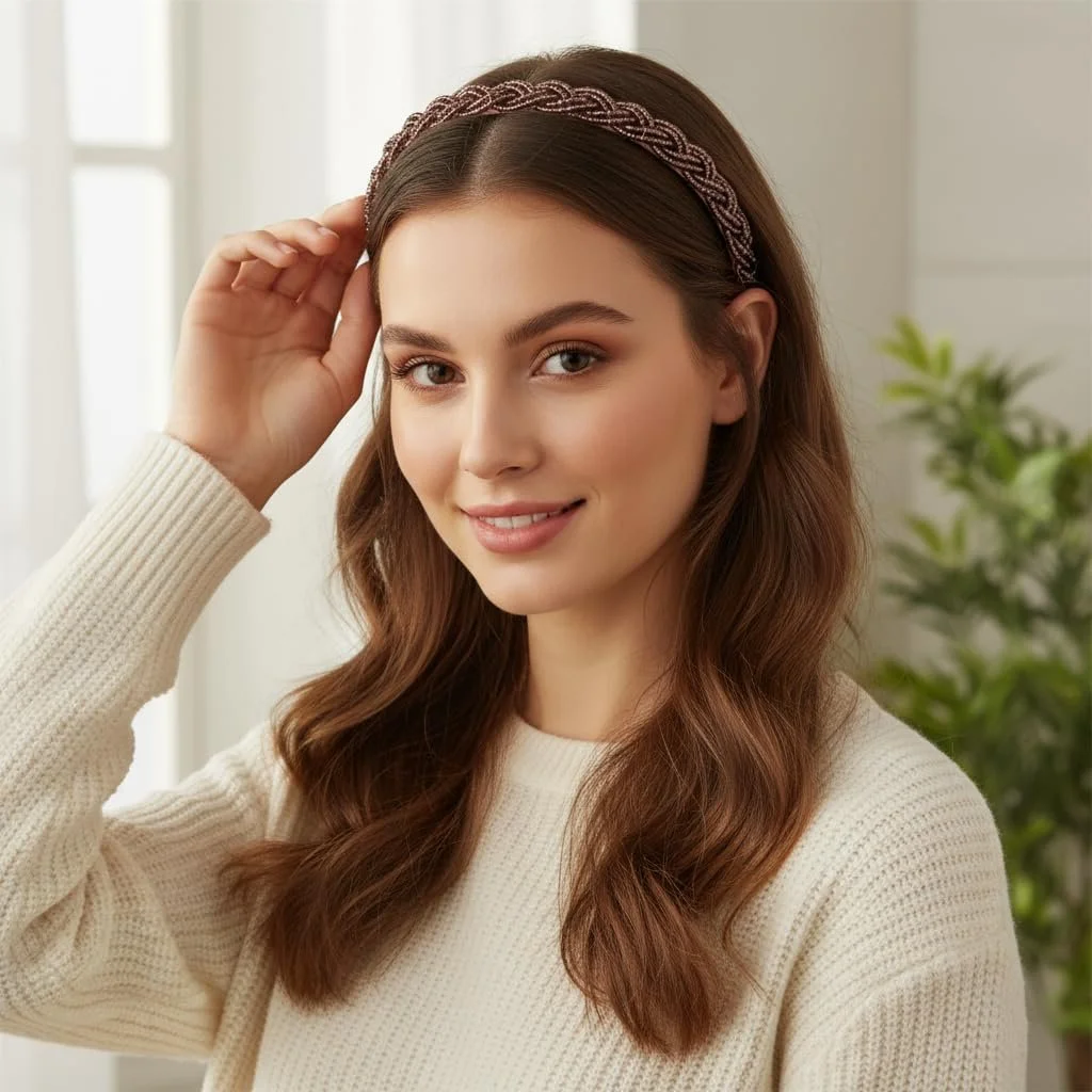 Обруч WANYI Плетений з перлинами Коричневий, фото №1