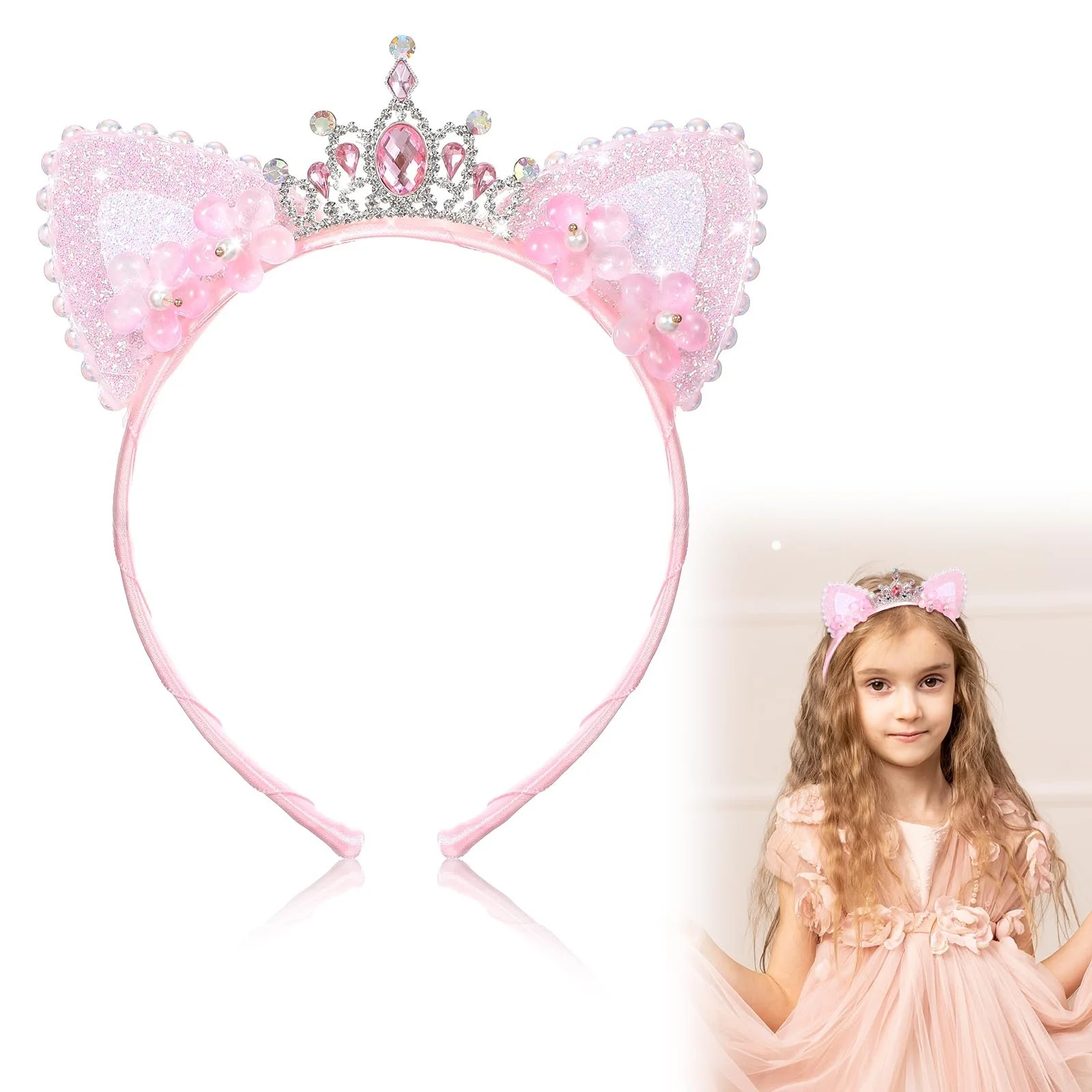 Обруч для волосся Вушка кота зі стразами для дівчат, фото №1