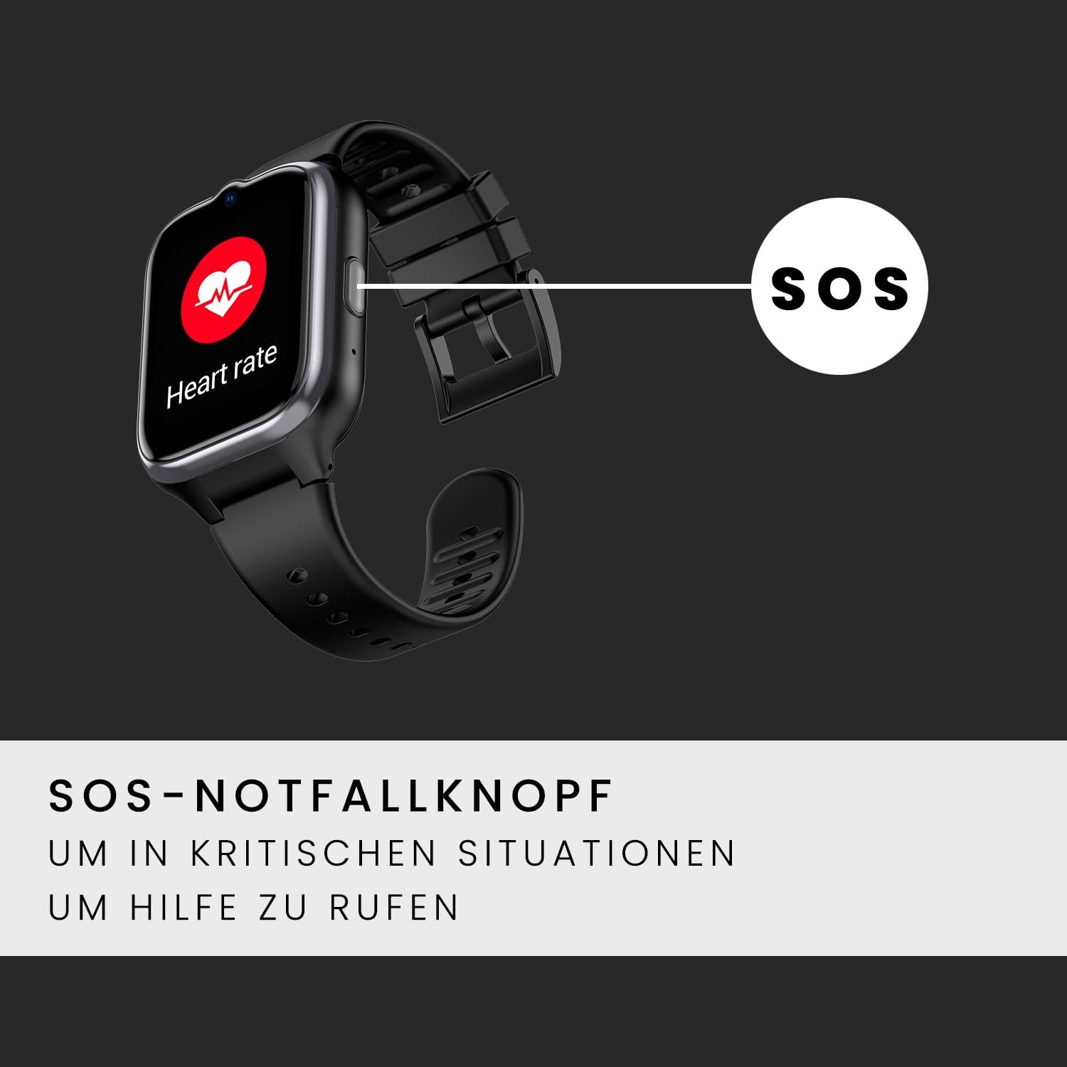 Смарт-годинник SPC Smartee 4G Senior для літніх людей з великими літерами, кнопкою SOS, GPS та колом безпеки, дзвінками/відеодзвінками, вимірюванням серцевого ритму та керуванням через додаток SPC Smart Clan, чорний, середній, фото №5