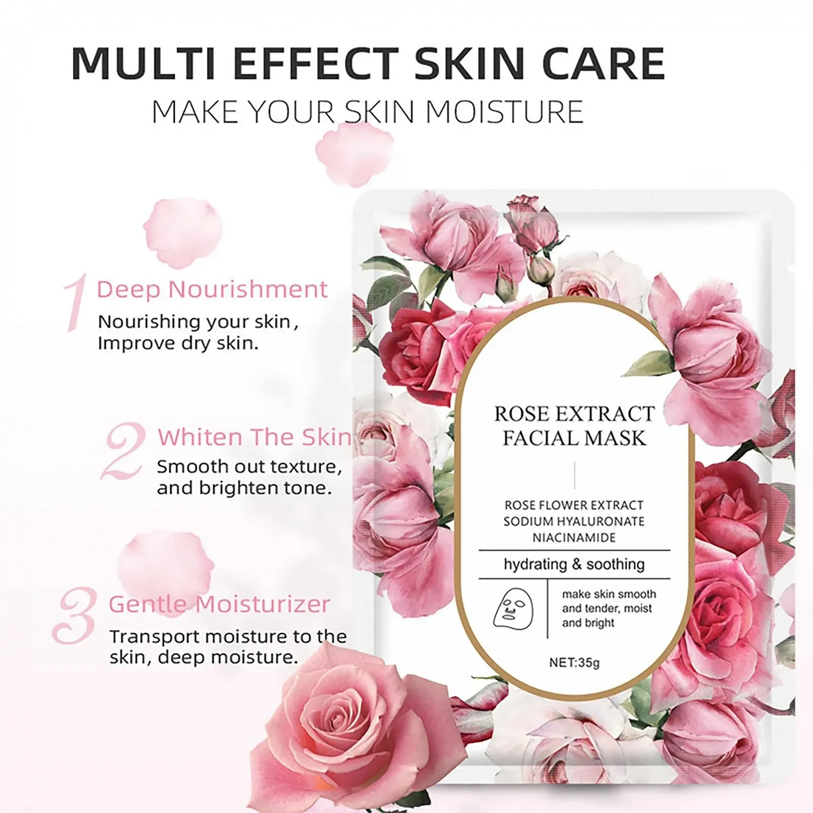 Тканевая маска для лица ARCHIDATE с экстрактом розы, 5 шт. Увлажняющая маска для лица. Набор косметических масок для женщин. Маска для лица против морщин. Маски для красоты, для гладкой упругой кожи, фото №4