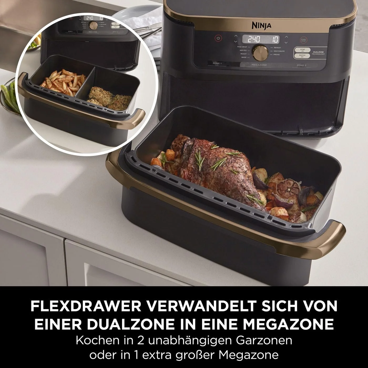 Мультипіч Ninja Foodi FlexDrawer AF500EUCP Dual Zone 10.4 л 7-в-1 Чорна та мідна, фото №3 Мультипіч Ninja Foodi FlexDrawer AF500EUCP Dual Zone 10.4 л 7-в-1 Чорна та мідна, фото №3