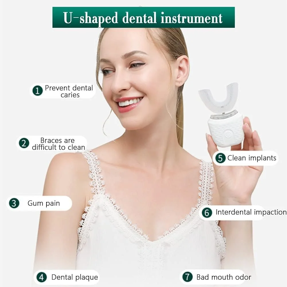 Электрическая ультразвуковая зубная щетка 360° Автоматическая U-образная Белая, фото №2