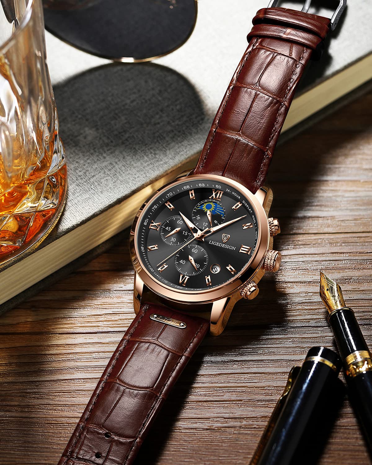 Годинник LIGE Men's Аналоговий Кварцовий Шкіряний Водонепроникний Нержавіюча Сталь Бізнес Кежуал Дата Хронограф для Чоловіків, фото №5