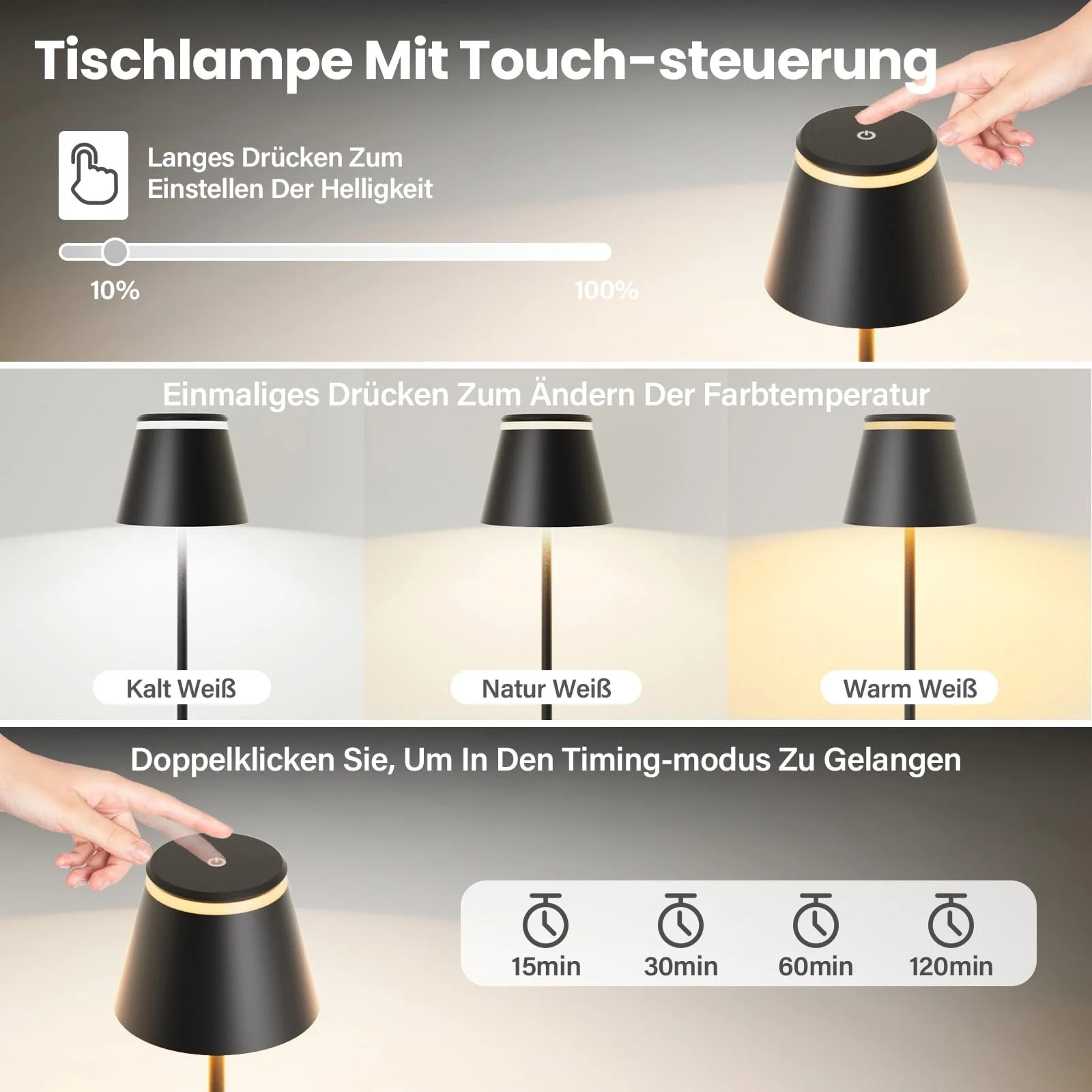 Настільна лампа Neoglint LED Акумуляторна Сенсорна Димер USB Type C IP54 Чорна, фото №2