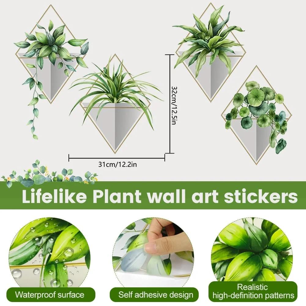 Наклейка на стіну Рослини 4 штуки Реалістичні зелені Самоклеючі Водонепроникні, фото №3