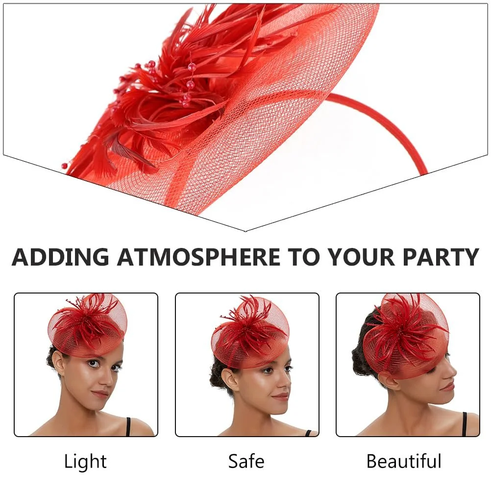 Капелюшок для вечірки ABOOFAN з квітами та пір'ям, елегантний, червоний, фото №8 Капелюшок для вечірки ABOOFAN з квітами та пір'ям, елегантний, червоний, фото №8