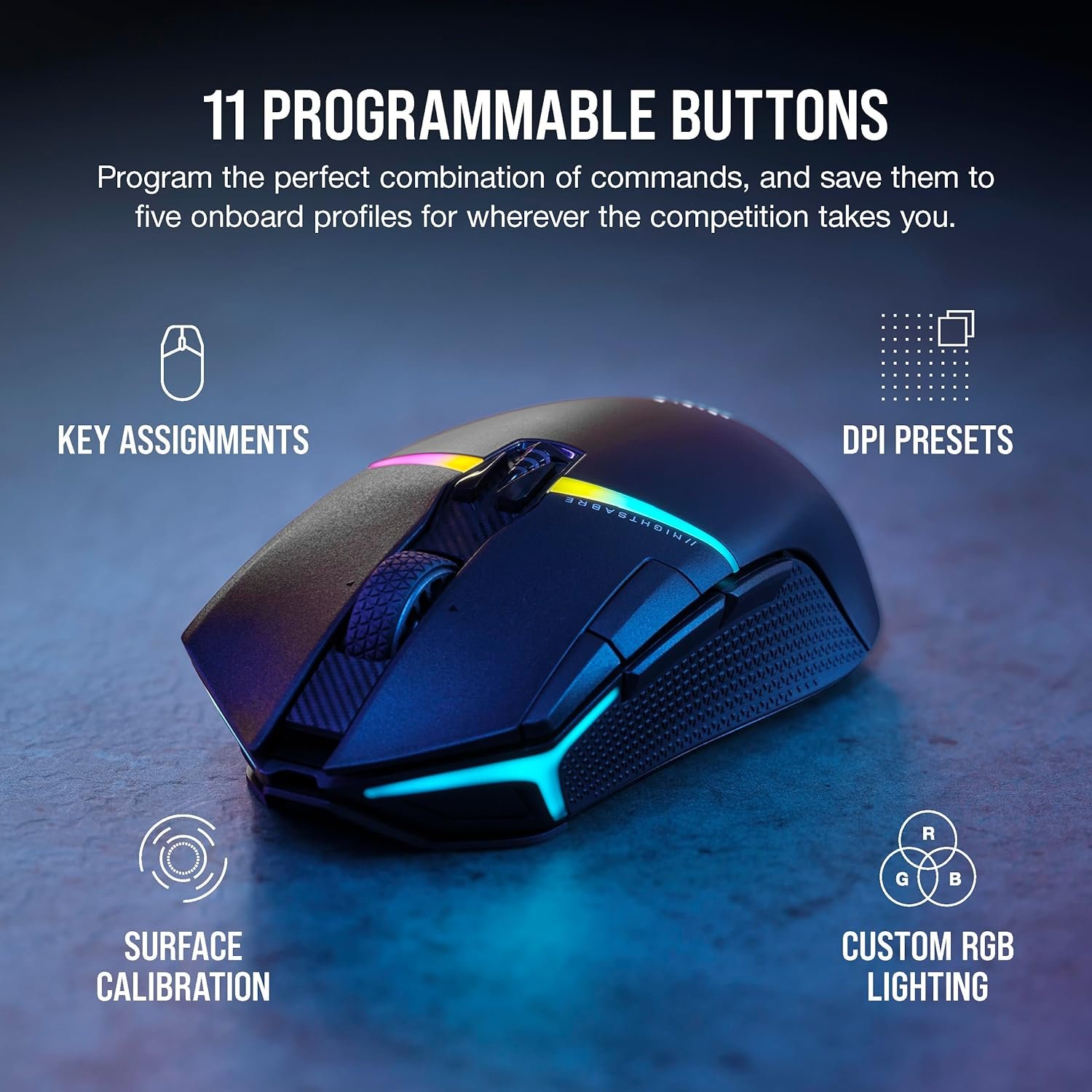 Ігрова бездротова миша Corsair NIGHTSABRE RGB / Bluetooth / Радіоканал / 26000 DPI / 8 кнопок / RGB підсвітка / Інерційне 4Д колесо / Чорна (CH-931B011), фото №8