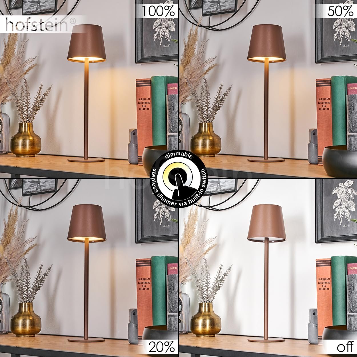 Настільна лампа HOFSTEIN Longchamps LED димована метал/пластик USB-C акумулятор 4 Ват 300 Люмен 3000 Кельвін коричневий/білий, фото №3