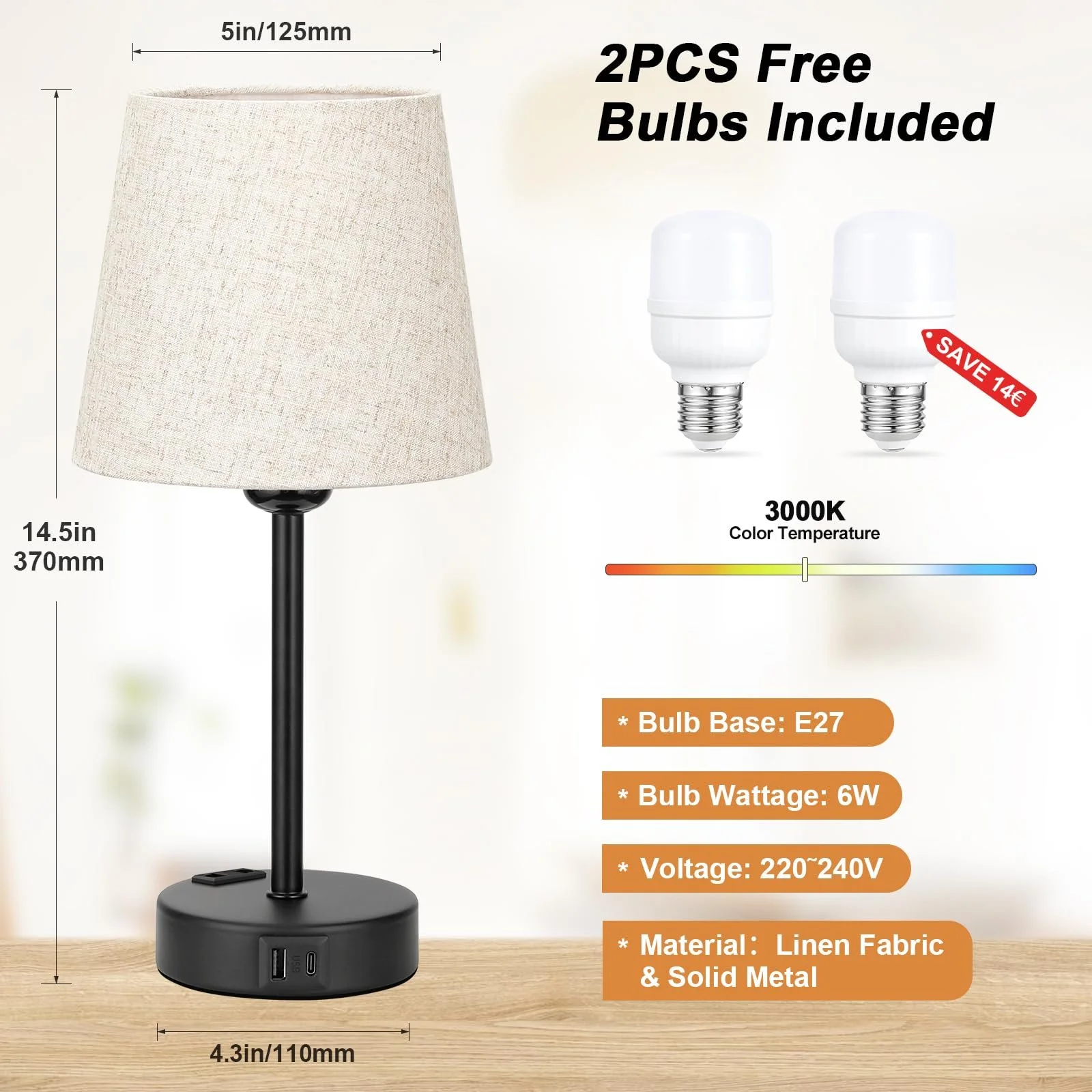 Настільна лампа Kakanuo Набір з 2 шт. Сенсорна USB A+C LED Бежевий, фото №6