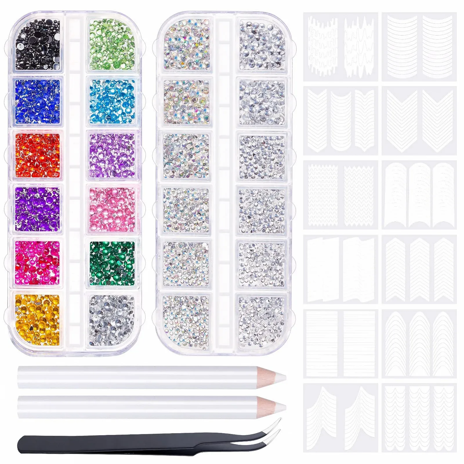 Стразы для ногтей MELLIEX, 3550 штук, блестящие камни 3 размеров и набор французских наклеек для ногтей 12 листов для дизайна лица и ногтей, фото №1