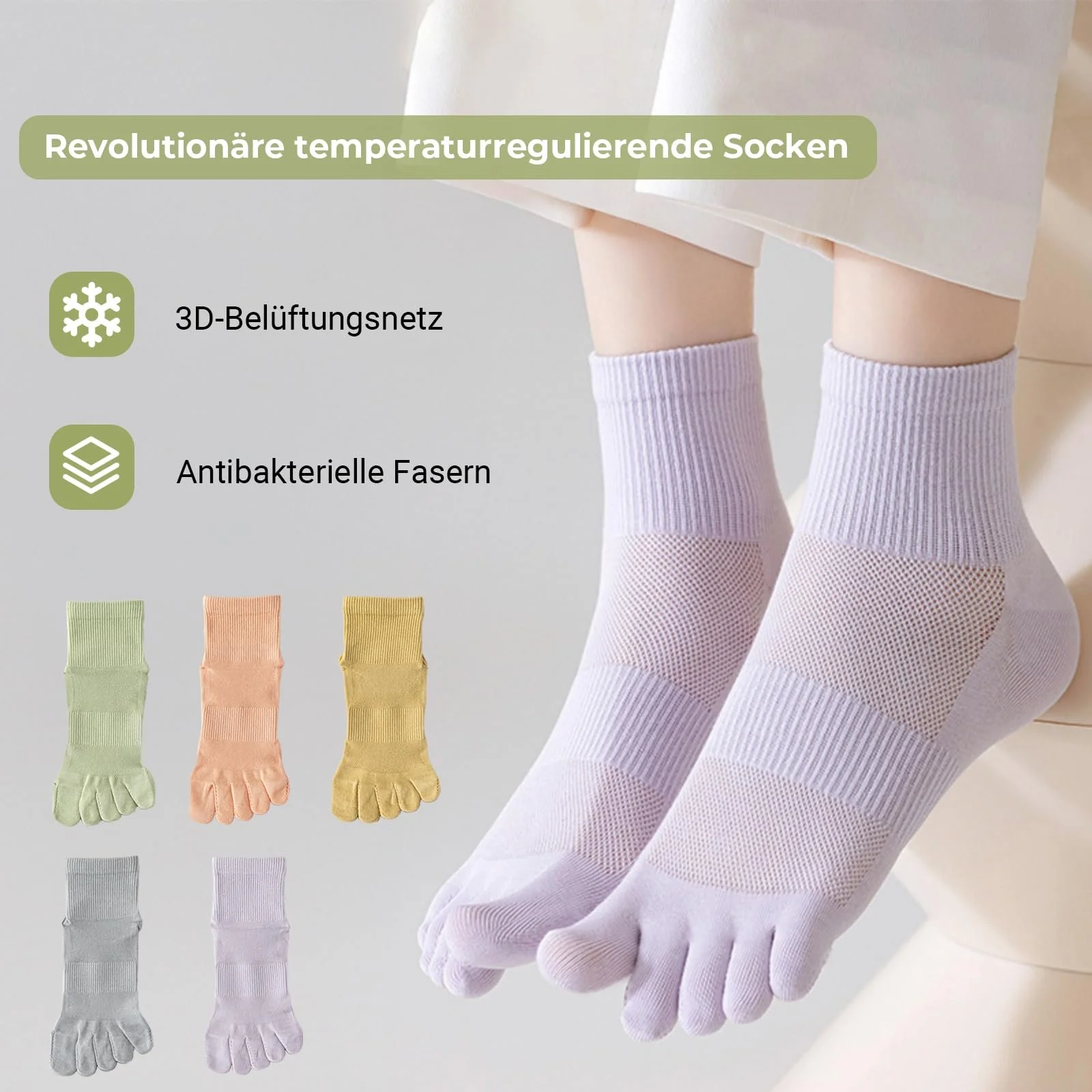 Дихаючі бавовняні шкарпетки П'ятипальцеві шкарпетки, фото №2