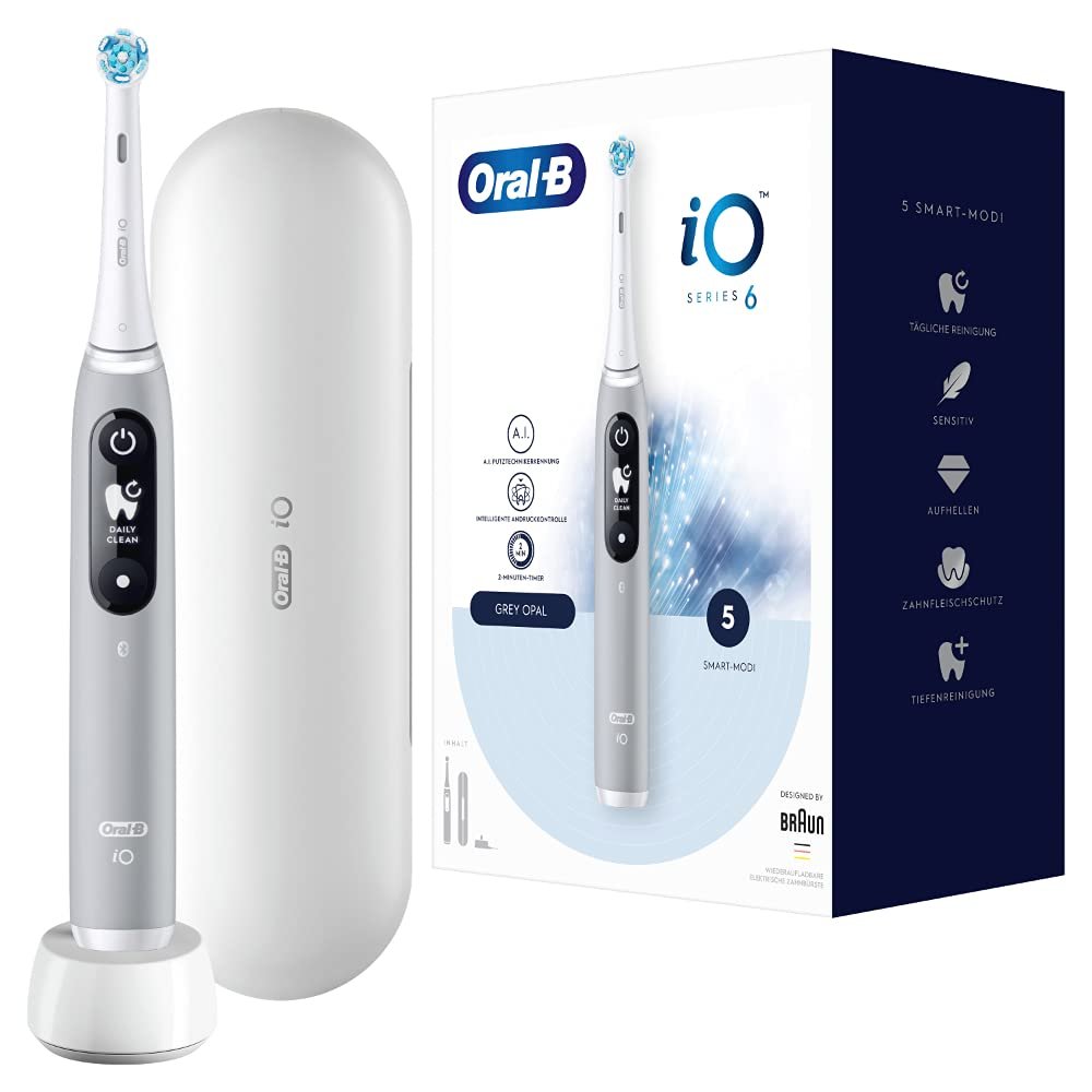 Електрична зубна щітка Oral-B iO Series 6, 5 режимів чищення, магнітна технологія, дисплей і дорожній футляр, сірий опал, фото №1