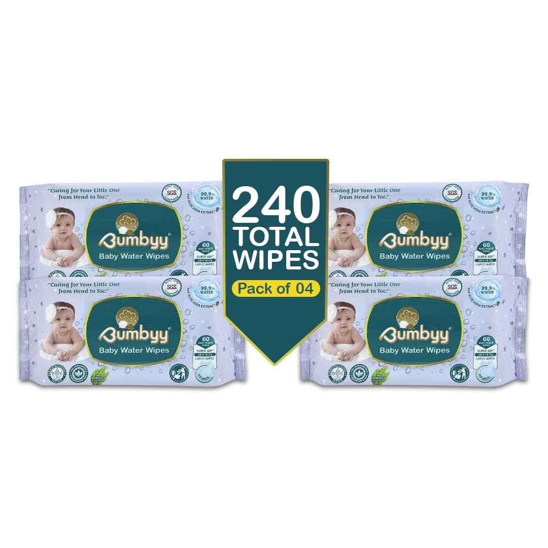 Вологі серветки Bumbyy Baby Water 240 штук (4 упаковки) з 99,9% вмістом води, без запаху, з екстрактом алое вера та ромашки, 100% на рослинній основі, без спирту, фото №1