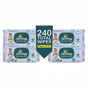 Влажные салфетки Bumbyy Baby Water 240 штук (4 упаковки) с 99,9% содержанием воды, без запаха, с экстрактом алоэ вера и ромашки, 100% на растительной основе, без спирта - Фото 1
