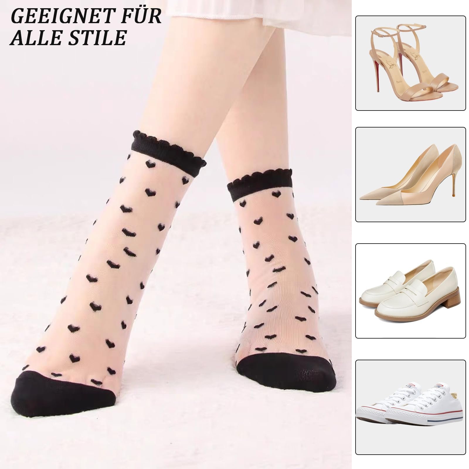 Носки Прозрачные с узором в форме сердца, 6 пар летних носков с рюшами до щиколотки, тонкие чулки, прозрачные сетчатые носки для женщин и девушек Черный + Белый, фото №5